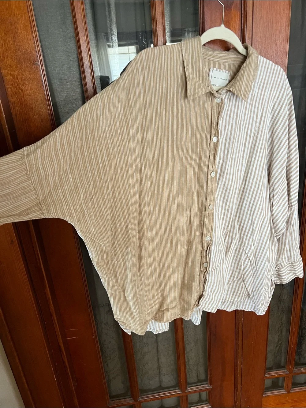 Oversized American Eagle Outfitters Two-Tone Beige Stripe Button-Up Shirt - Picture 2 of 12